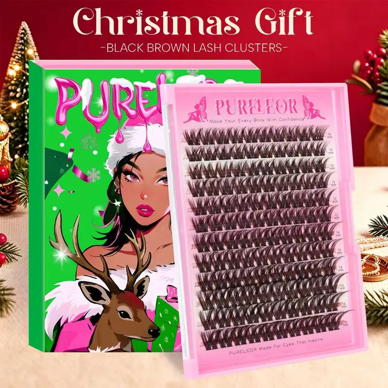 PURELEOR Black Brown Cluster Lashes,C-Curl Individual Volume Eyelashes Extensions,Self DIY Lash Mixed Length 10-12-14-16Mm, Lightweight Natural Soft for Christmas Party & Daily Life, for All Eye Shapes,Familyfun