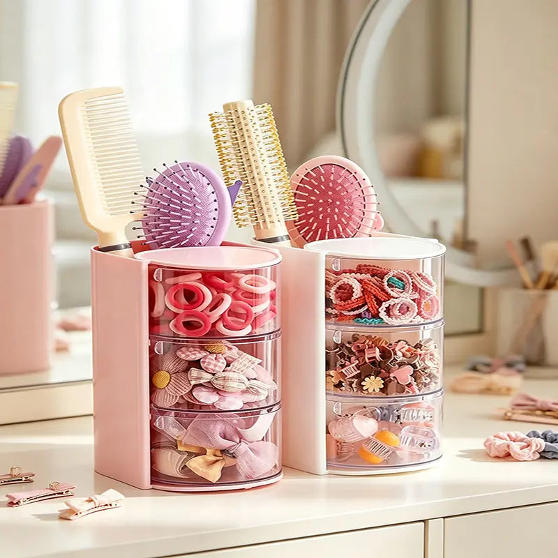 Round Transparent Plastic Kids Makeup & Jewelry Accessory Container - Summer Vibe Limited Edition, Built-In Professional Brush Compartment, Rotatable Main Body, Separated Bins & Drawers, Multi-Capacity Home Organizer
