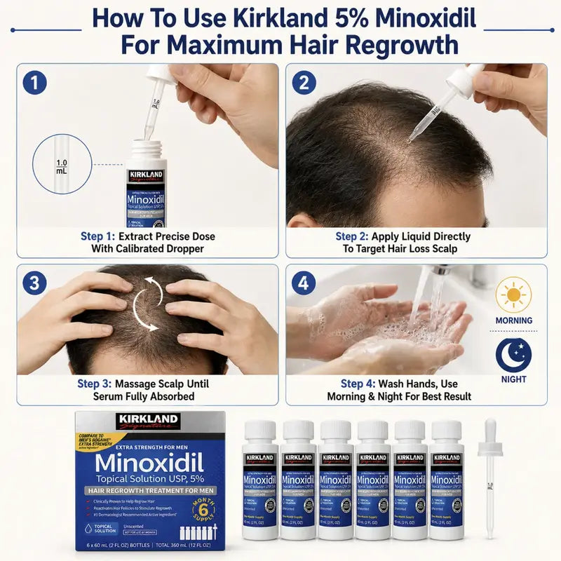 Kirkland Signature 5% Minoxidil Topical Solution for Men - Extra Strength Hair Regrowth Treatment, 6 Bottles (2 Fl Oz Each) 6-Month Supply, Precision Dropper for Daily Grooming, Minodoxil Hair Growth