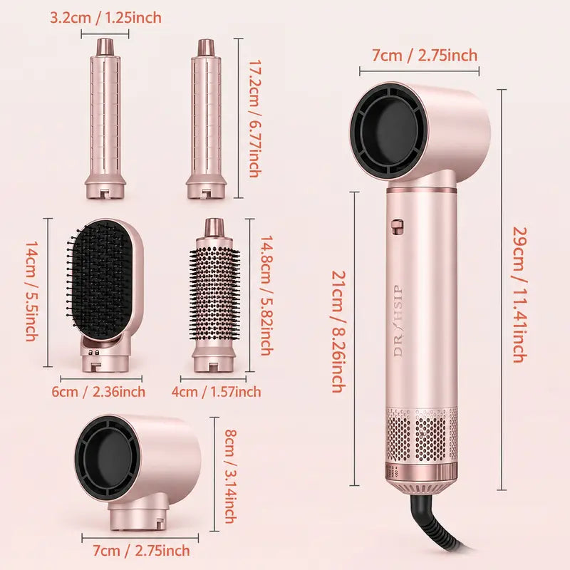 Dryhsip 5-In-1 Portable Thermal Brush Blowout Tool - 800W Hair Styler, Adjustable Temperature Electric Curler, Detachable Oval/Round Brushes, 360° Rotate Cord, Detachable Design for Volume & Smooth Styling