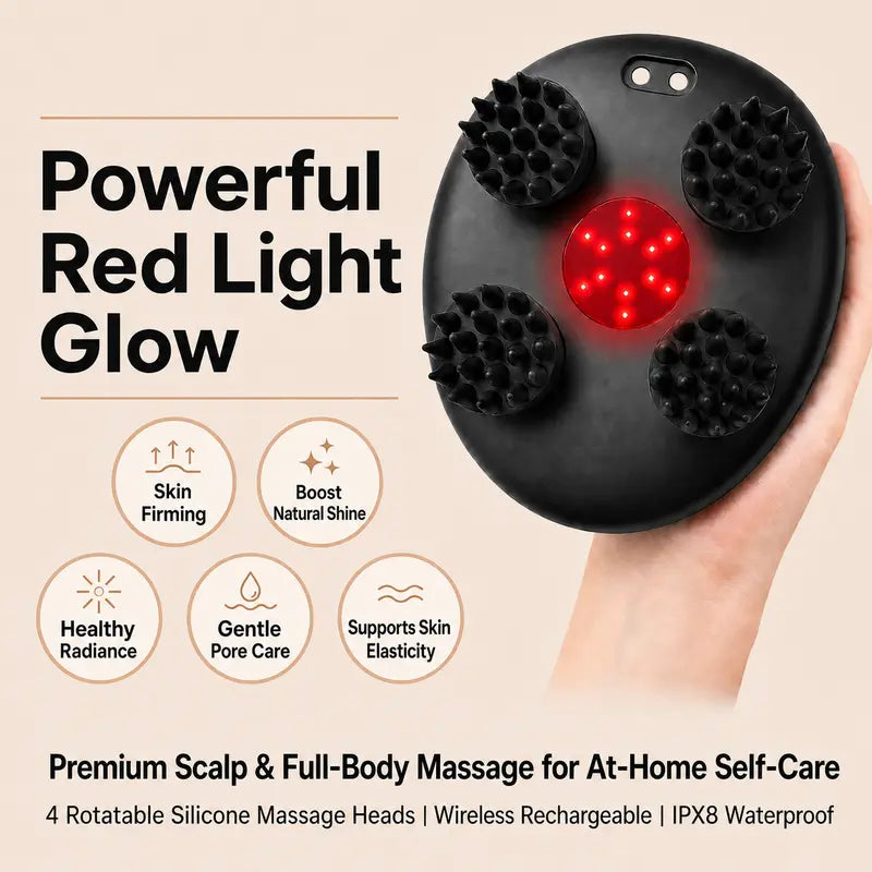 MIRATOKI Cocowave 4-In-1 Handheld Cordless Scalp Massager - Push Button Operation, Shiatsu Kneading, Vibration, Red Light Therapy, Microcurrent Care, IPX8 Waterproof, Lightweight, Daily Use for Shower, Facial & Full-Body, Adults