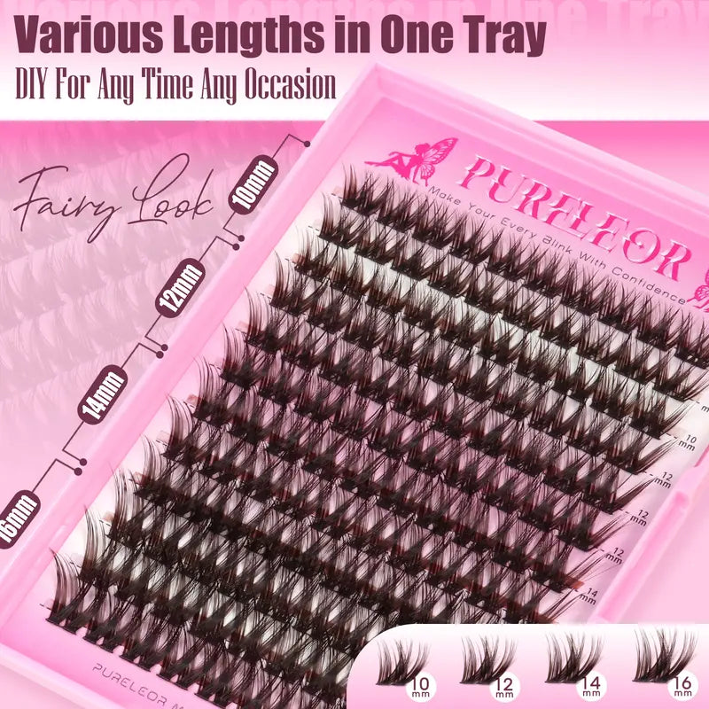 PURELEOR Black Brown Cluster Lashes,C-Curl Individual Volume Eyelashes Extensions,Self DIY Lash Mixed Length 10-12-14-16Mm, Lightweight Natural Soft for Christmas Party & Daily Life, for All Eye Shapes,Familyfun