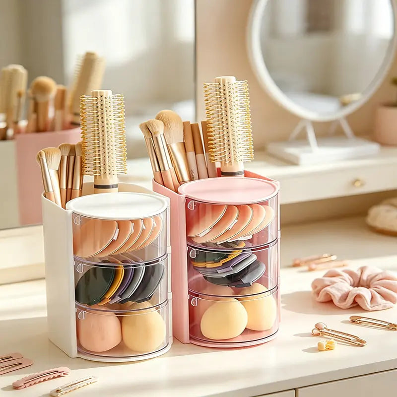 Round Transparent Plastic Kids Makeup & Jewelry Accessory Container - Summer Vibe Limited Edition, Built-In Professional Brush Compartment, Rotatable Main Body, Separated Bins & Drawers, Multi-Capacity Home Organizer
