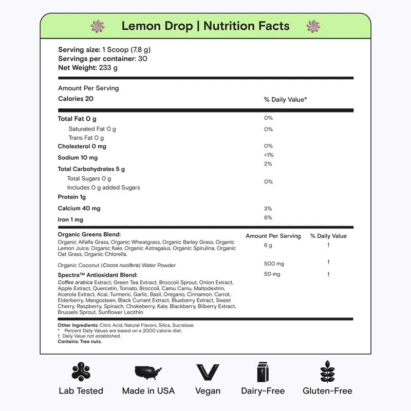 Kiala Nutrition Lemon Drop Organic Super Greens Powder Dietary Supplement