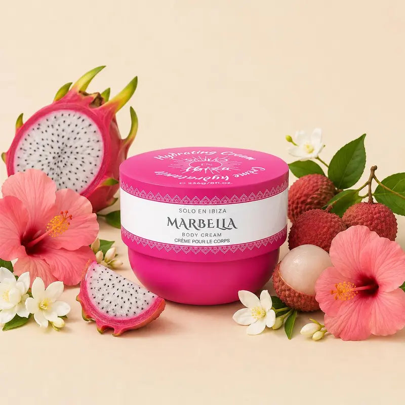 Solo En Ibiza Body Cream 8Oz Hydrating Lotion with Floral & Fruit Fragrance, Lightweight Vegan Body Care for Daily Moisture, Pistachio, Cosmetic, Dragon Fruit, Lychee, Silky, Jasmine, Moisturizers, Hydration, Vitamins, Vanilla