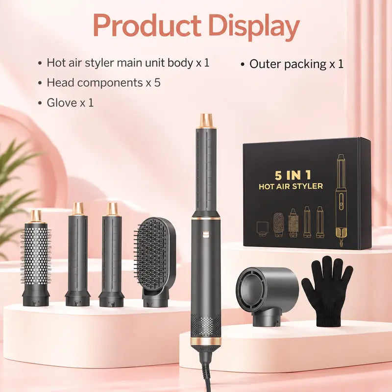 Dryhsip 5-In-1 Portable Thermal Brush Blowout Tool - 800W Hair Styler, Adjustable Temperature Electric Curler, Detachable Oval/Round Brushes, 360° Rotate Cord, Detachable Design for Volume & Smooth Styling
